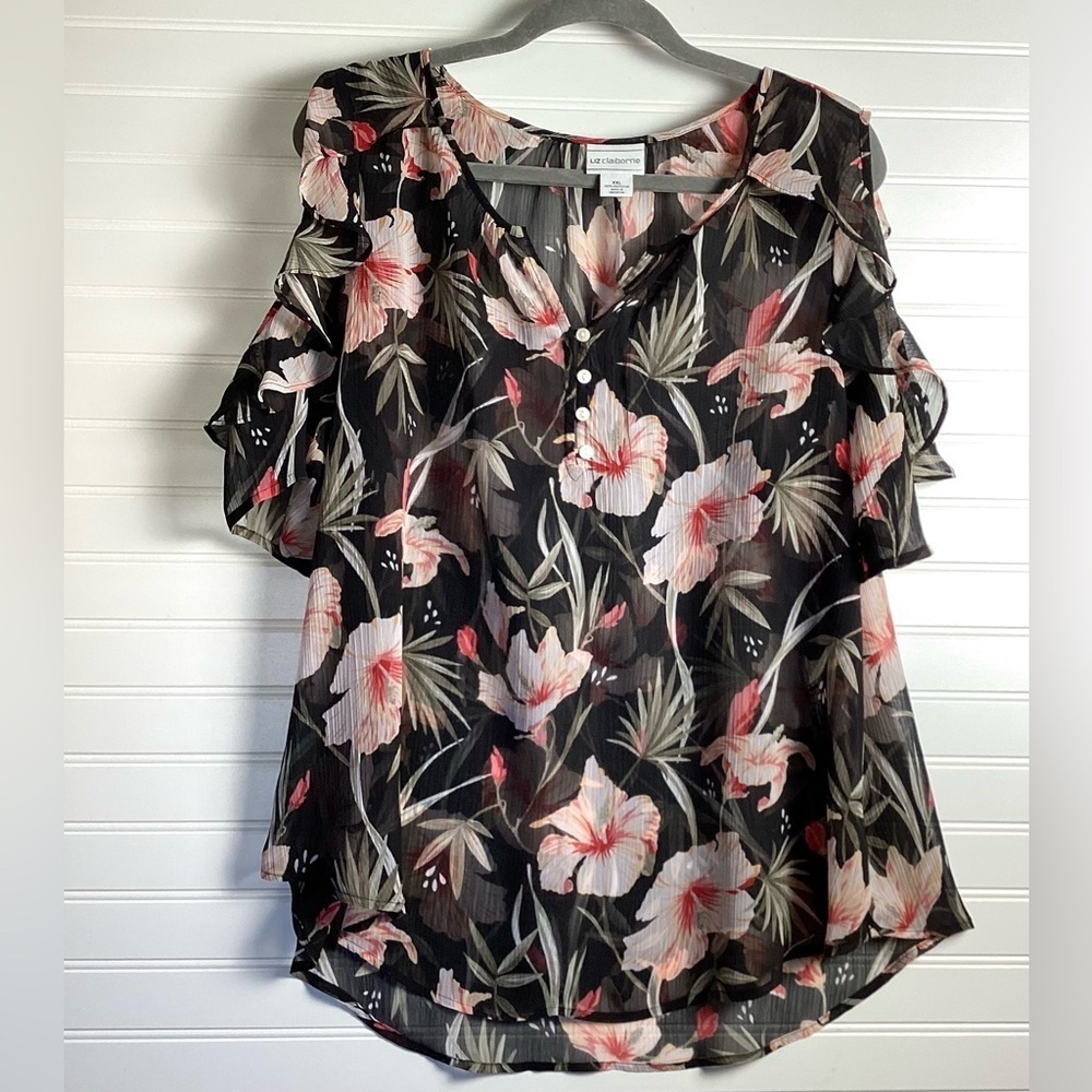 Liz Claiborne Floral Cold Shoulder Top Blouse
Size XXL BLACK& Pink Ruffles